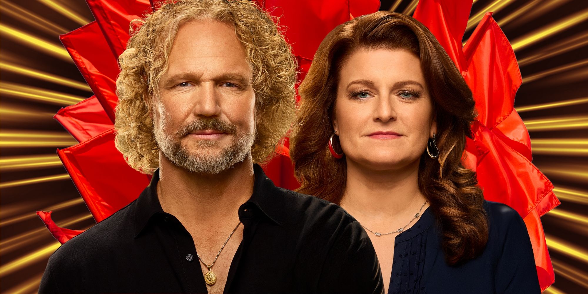 Sister Wives' Kody Brown and Robyn Brown give slight smiles in front of multiple red flags.