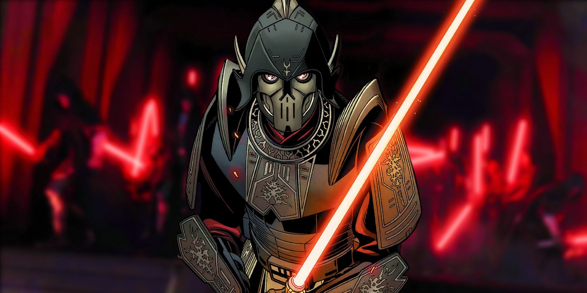 Darth Bane holding his lightsaber in front of a blurred image of a Sith Army