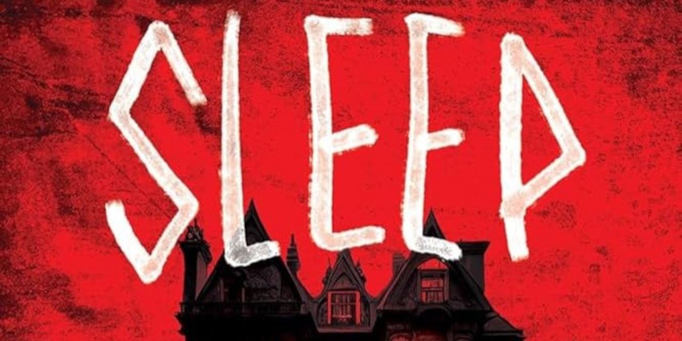 A capa de Sleep Tight de JH Markert com a palavra "sleep" em branco, o topo de uma casa e um fundo vermelho