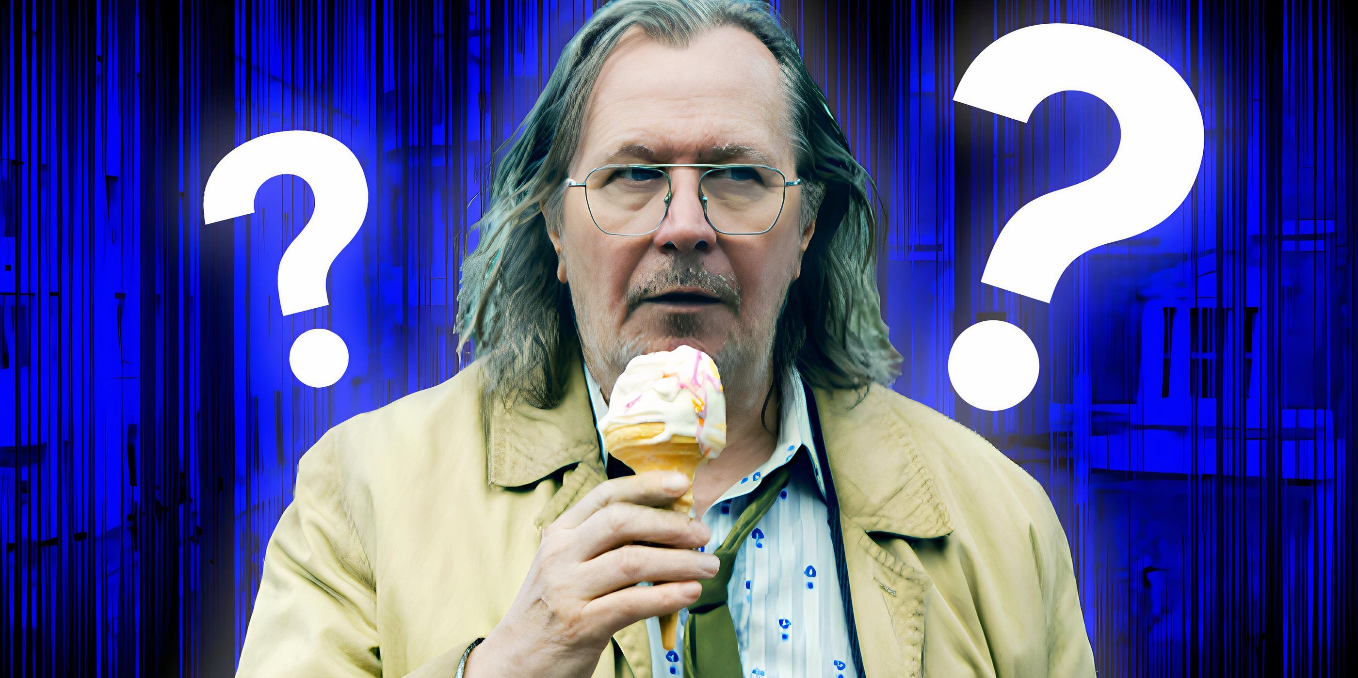 Gary Oldman as Jackson Lamb eating an ice cream and looking confused in Slow Horses season 3 with question marks in the background