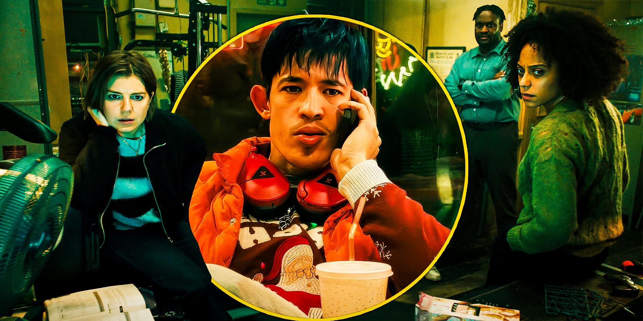 Christopher Chung as Roddy in Slow Horses season 4, episode 1 answering the phone with headphones on and the cast in the background looking at a screen