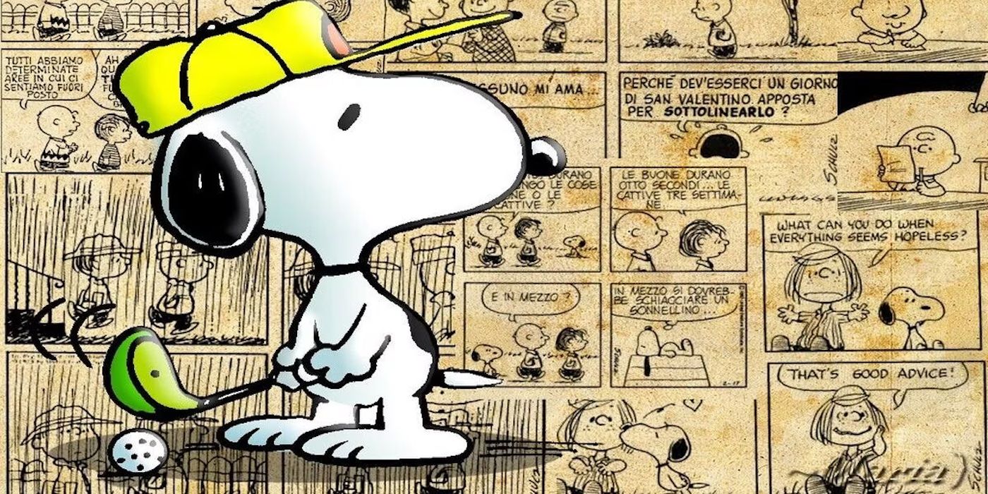 Snoopy golfs in front of background of comic strips