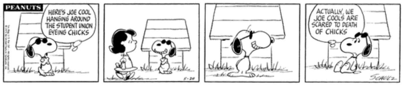 Snoopy como Joe Cool mira fijamente a Lucy mientras ella pasa caminando.