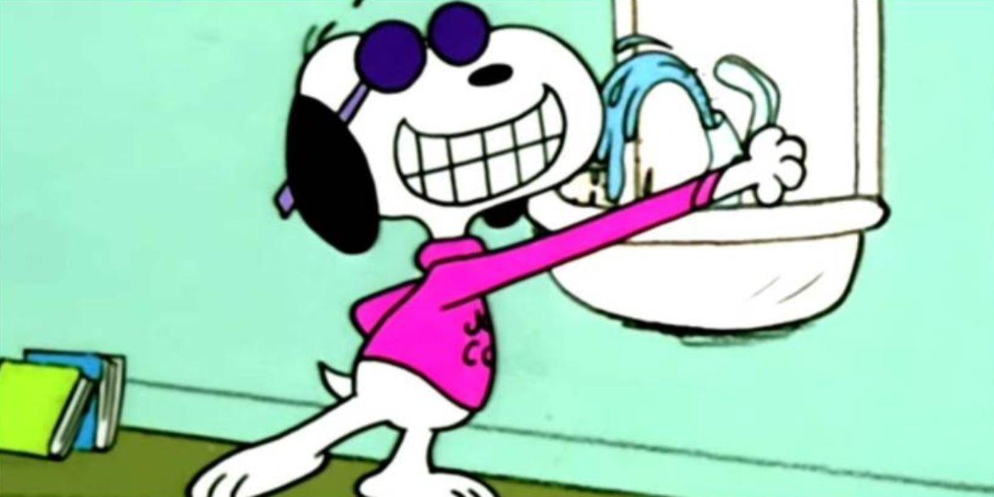 Snoopy como Joe Cool jugando con la fuente de agua.