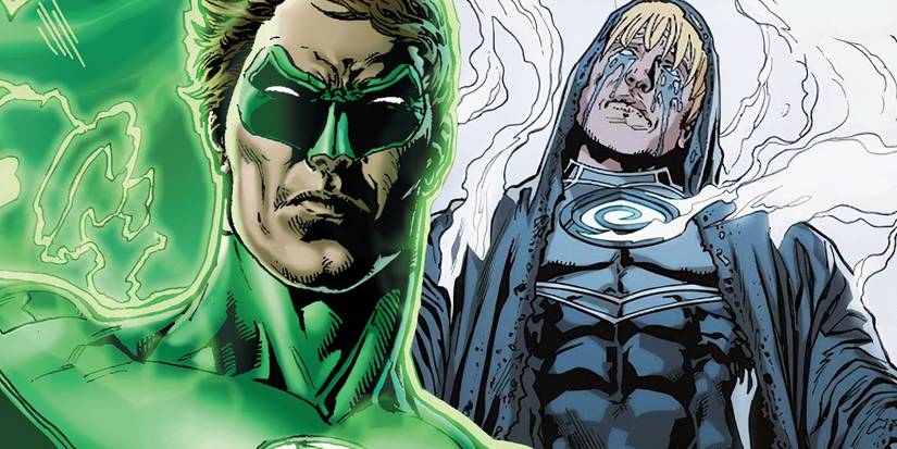 Hal Jordan with the new Sorrow Lantern in the background, shrouded in smoke as tears run down his face