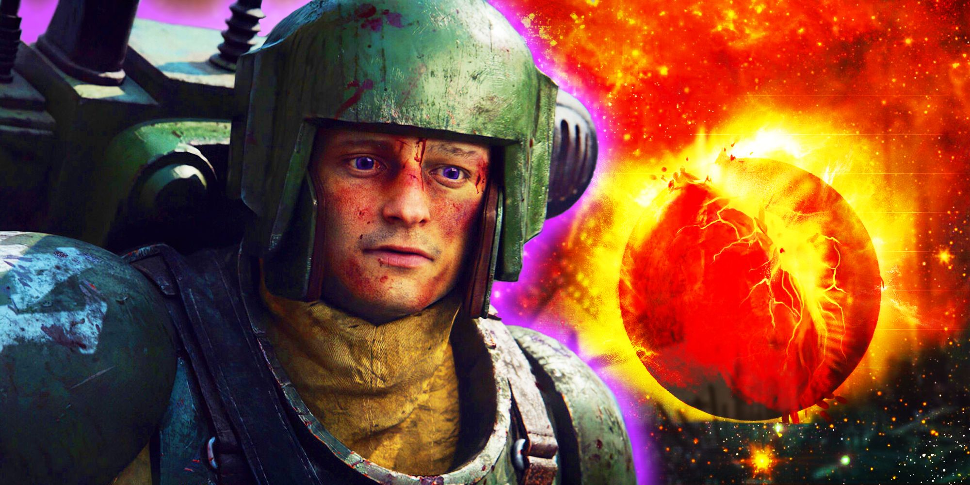 Space Marine 2 Cadian with purple eyes looking forward while a planet explodes behind him.