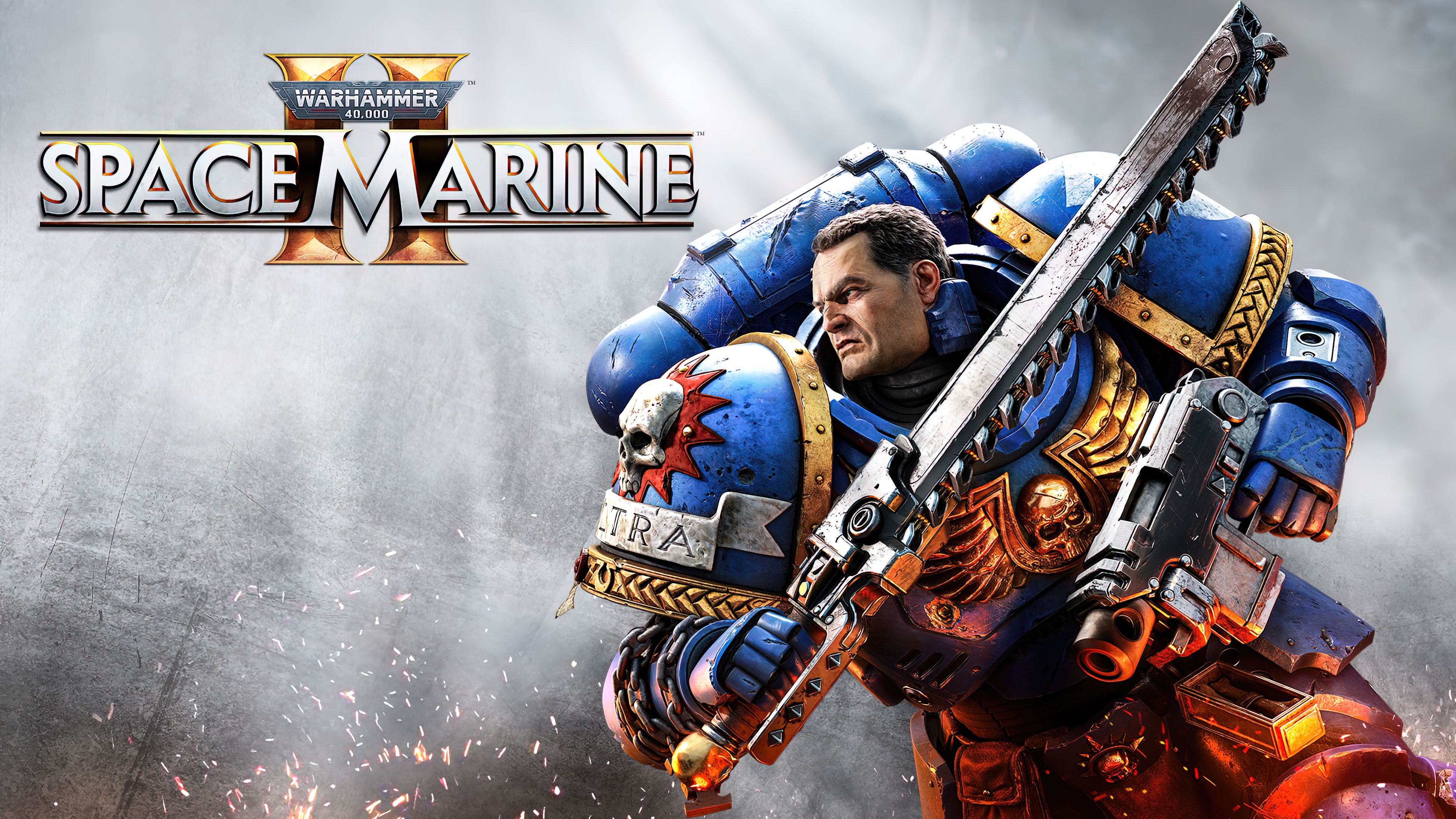 Arte principal de Warhammer 40,000: Space Marine 2, mostrando Titus e o logotipo do jogo.