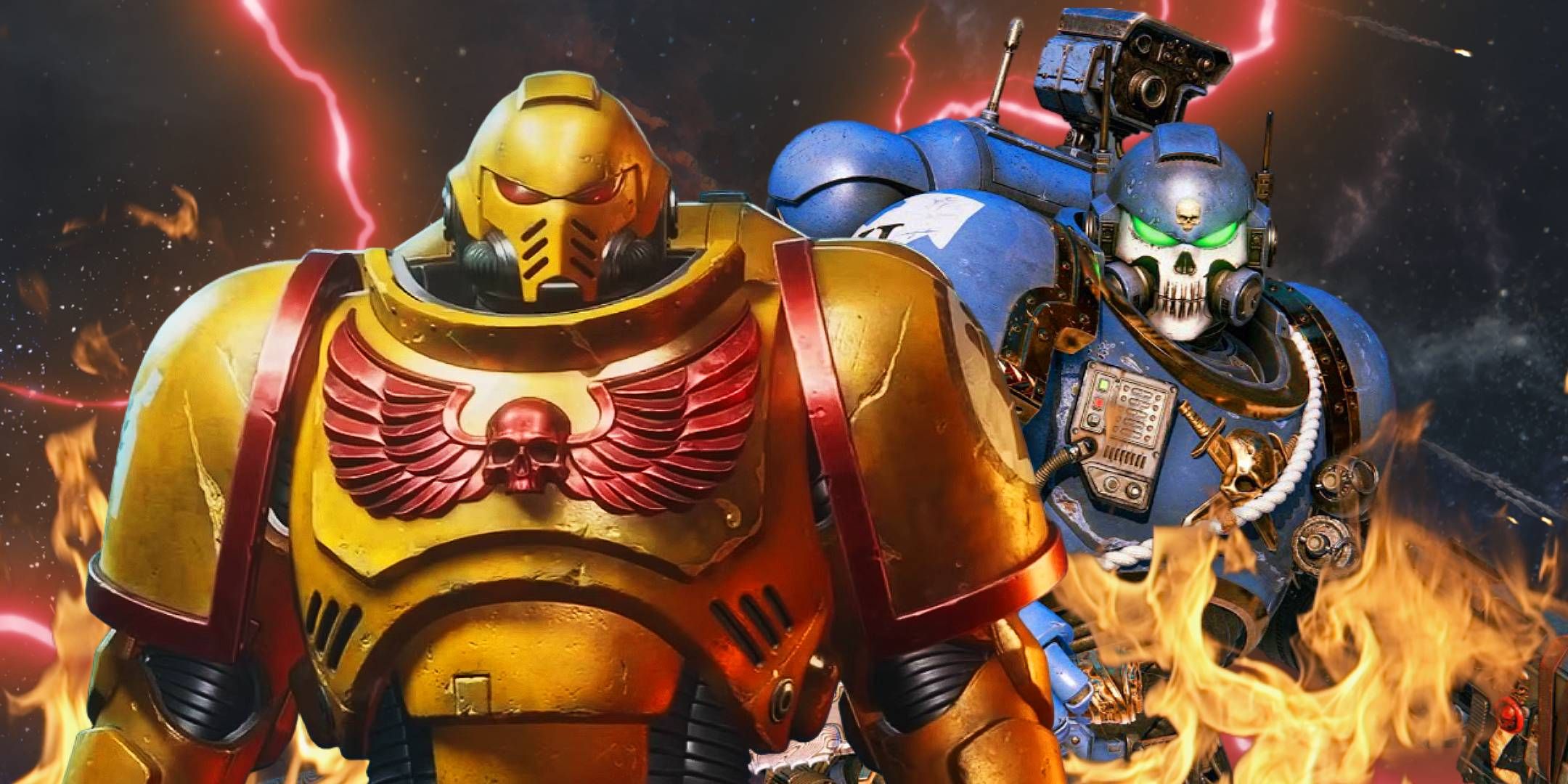 An Imperial Fist Space Marine from Warhammer 40,000: Space Marine 2 on the left and an Ultramarine on the right.