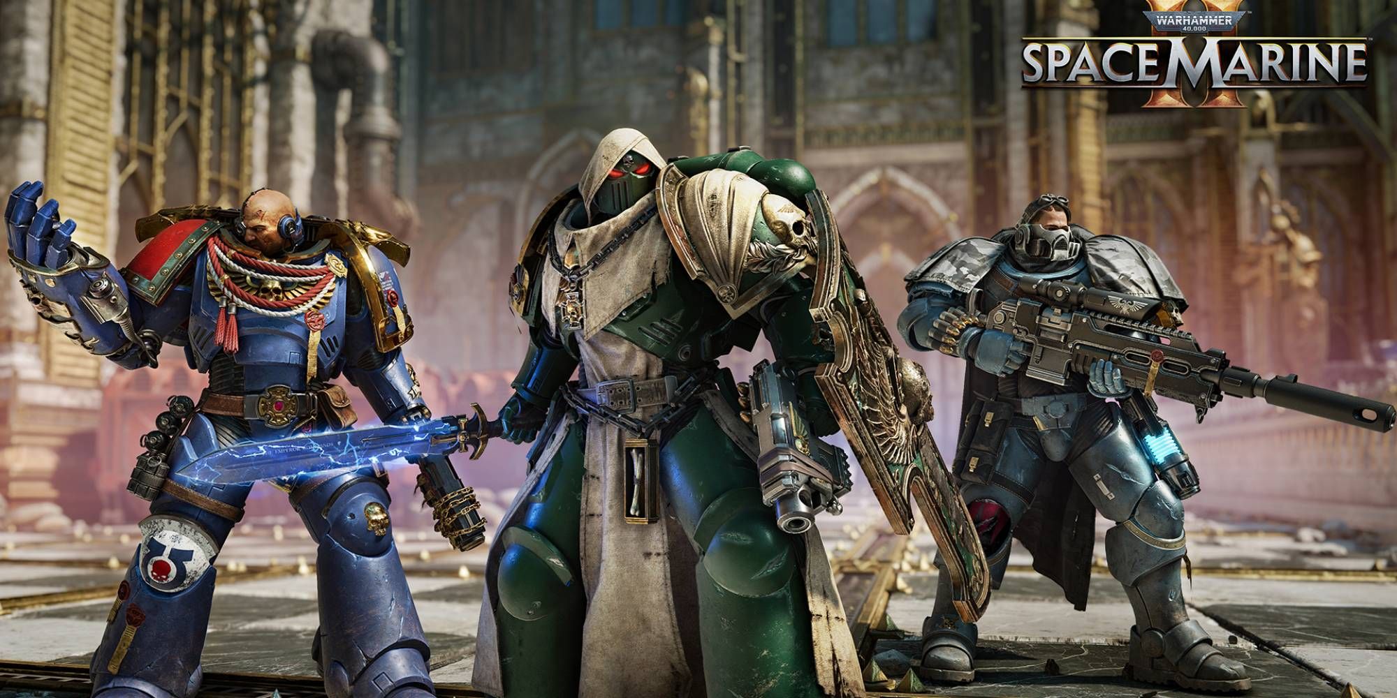 Three different Space Marines in different armor stand in a group.