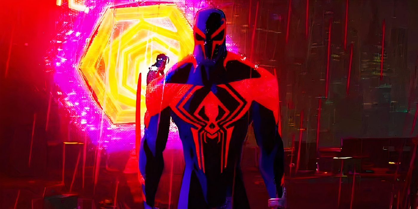 Spider-Man 2099 chegando através de um portal em Spider-Man Across the Spider-Verse