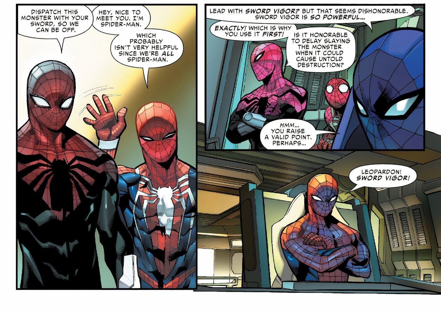 En Spider-Geddon #5, Spider-Man admite que la espada Vigor es demasiado poderosa para usarla.