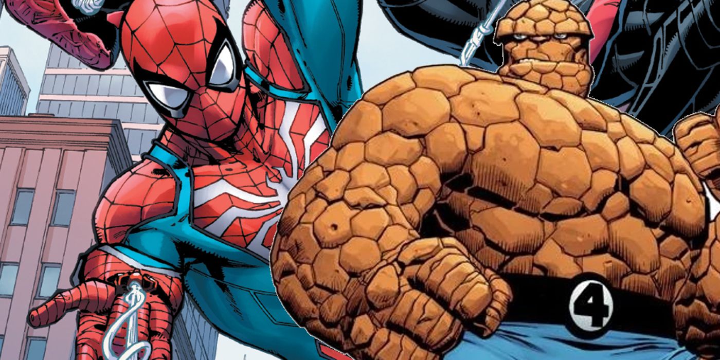 Comic book art: the Thing poses in front of Spider-Man webslinging.