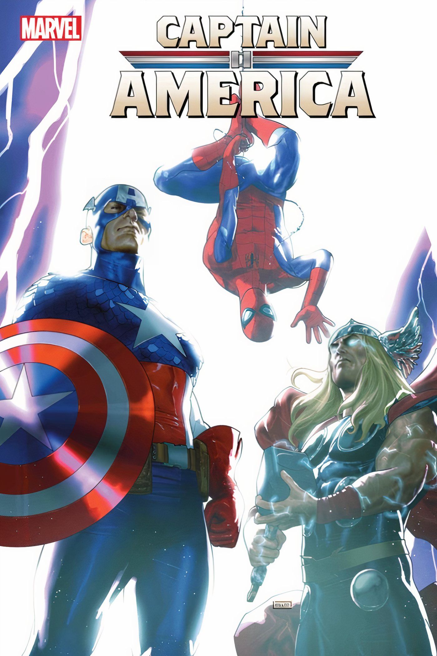 Capa de Capitão América #14 com Capitão América, Thor e Homem-Aranha.