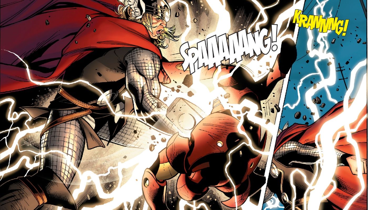 Thor hitting Iron Man with Mjolnir, angry at him because of what happened during Civil War.