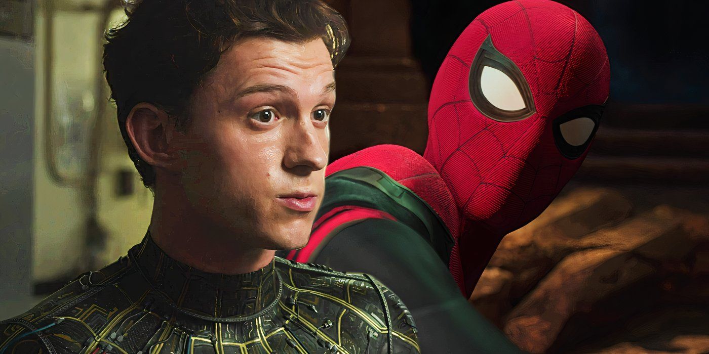 Split image of Peter Parker and Spider-Man in Spider-Man No Way Home