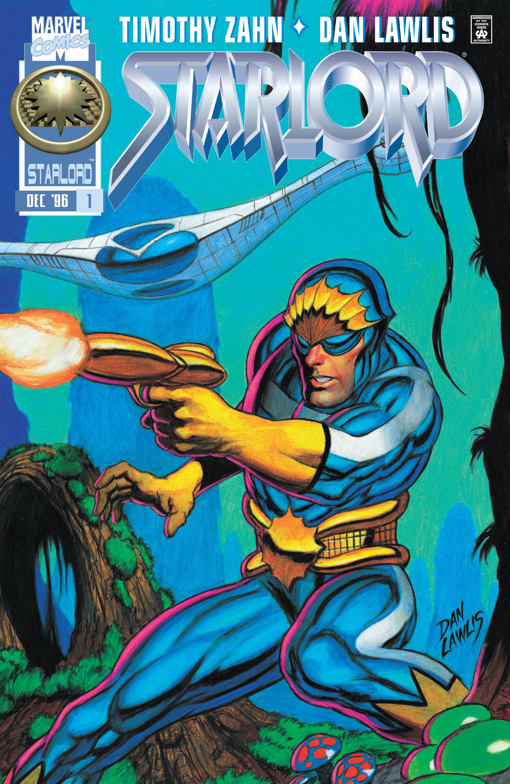 Capa do Star Lord #1, o novo Star-Lord em meio a uma selva alienígena, disparando uma pistola laser.