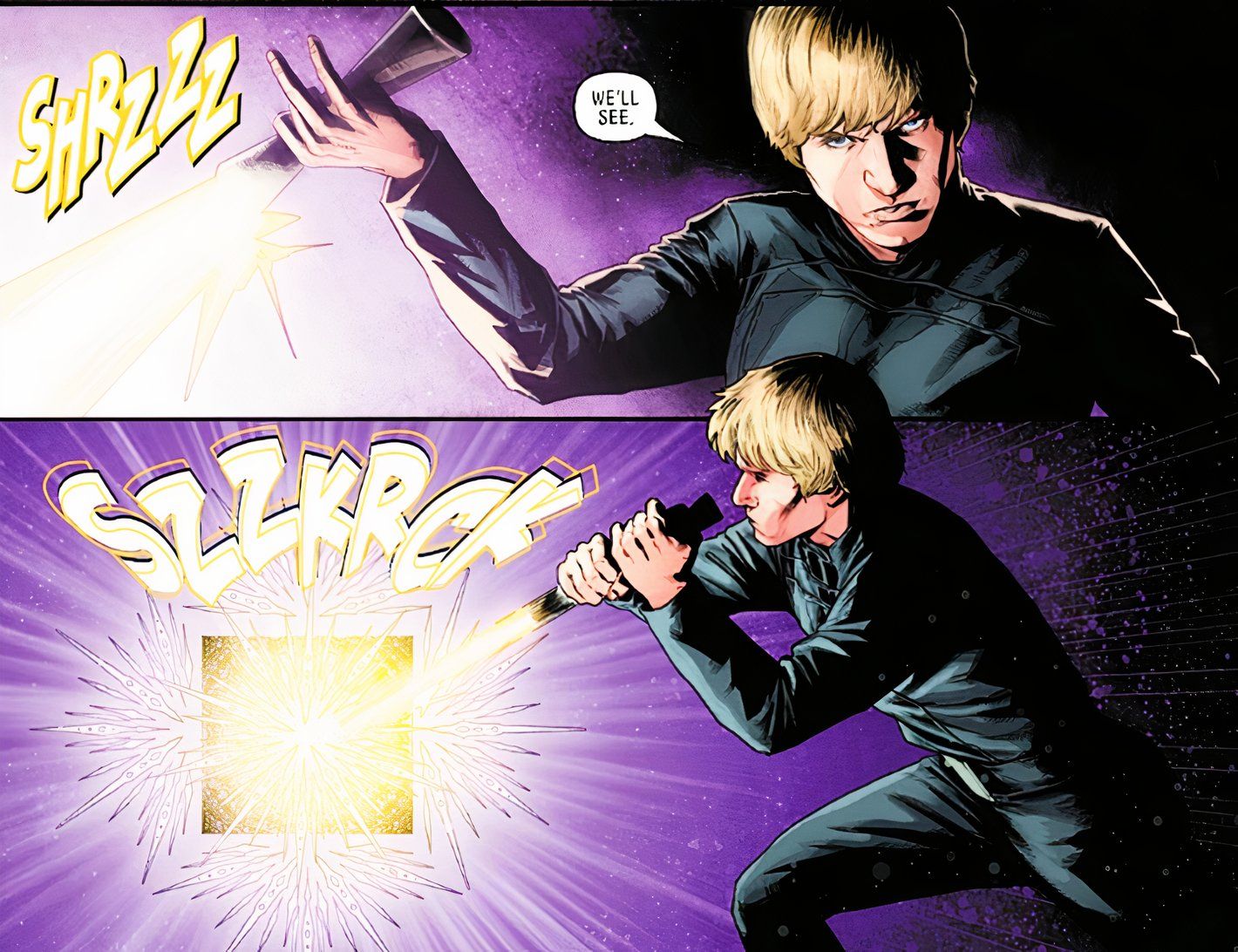 Star Wars #50, Luke ignites his yellow lightsaber and stabs Grim Rose