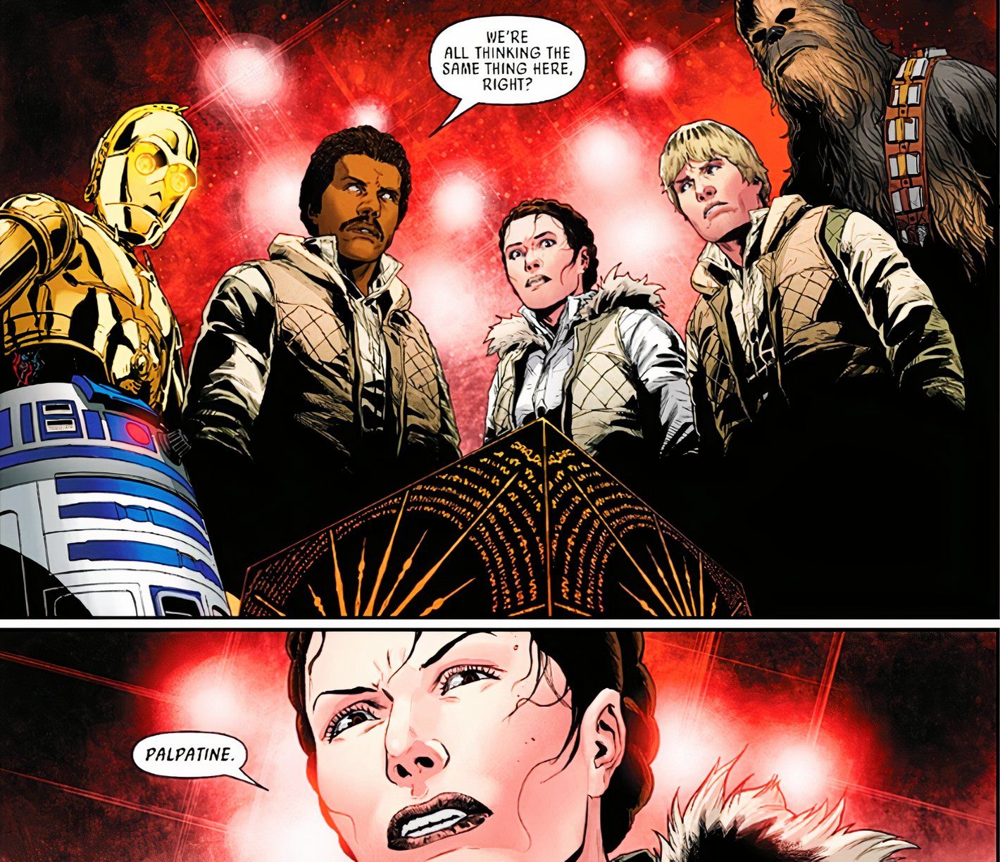 Star Wars #50, die helde van die oorspronklike trilogie in eenparige ooreenkoms dat hulle die Grim Rose moet gebruik om Palpatine dood te maak