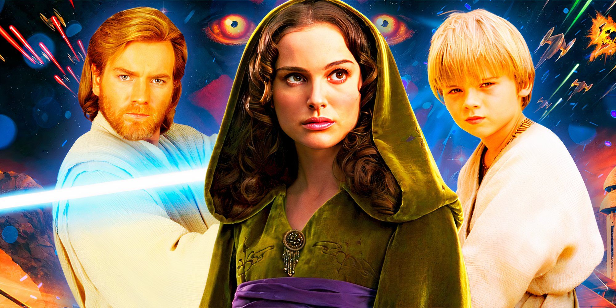 Ewan McGregor's Obi-Wan Kenobi wields his lightsaber, Natalie Portman's Padmé Amidala stands in her hooded gown, and Jake Lloyd's Anakin Skywalker looks off to the side, edited over a Phantom Menace poster