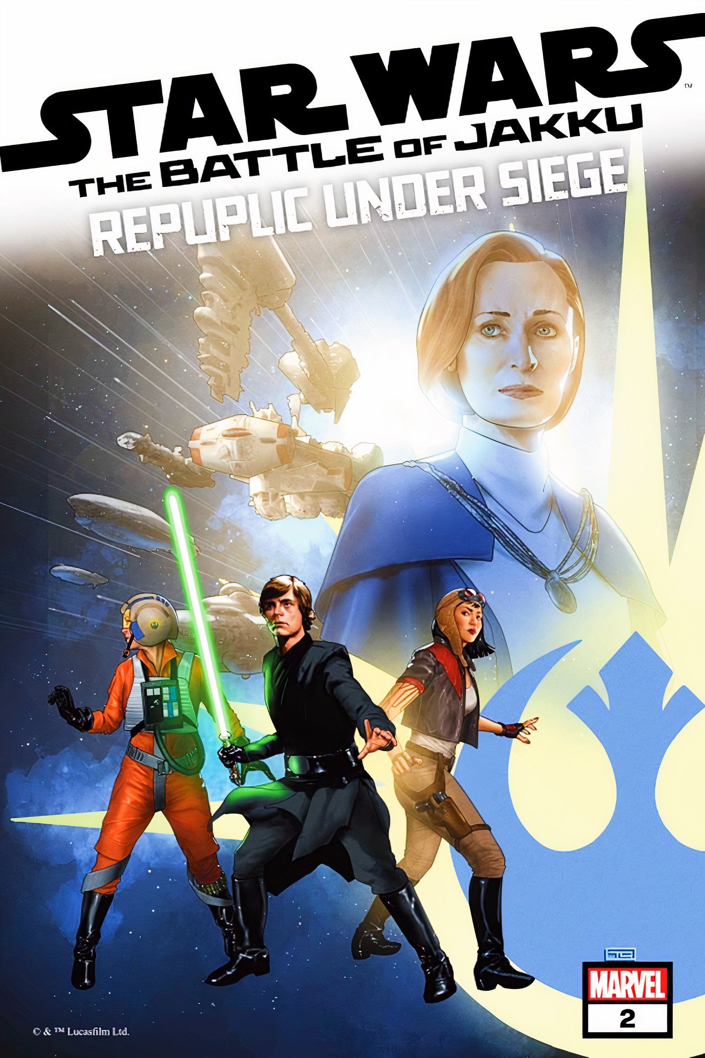 Star Wars Republic Under Siege #2, cover featuring Luke Skywalker and his allies against a starship base