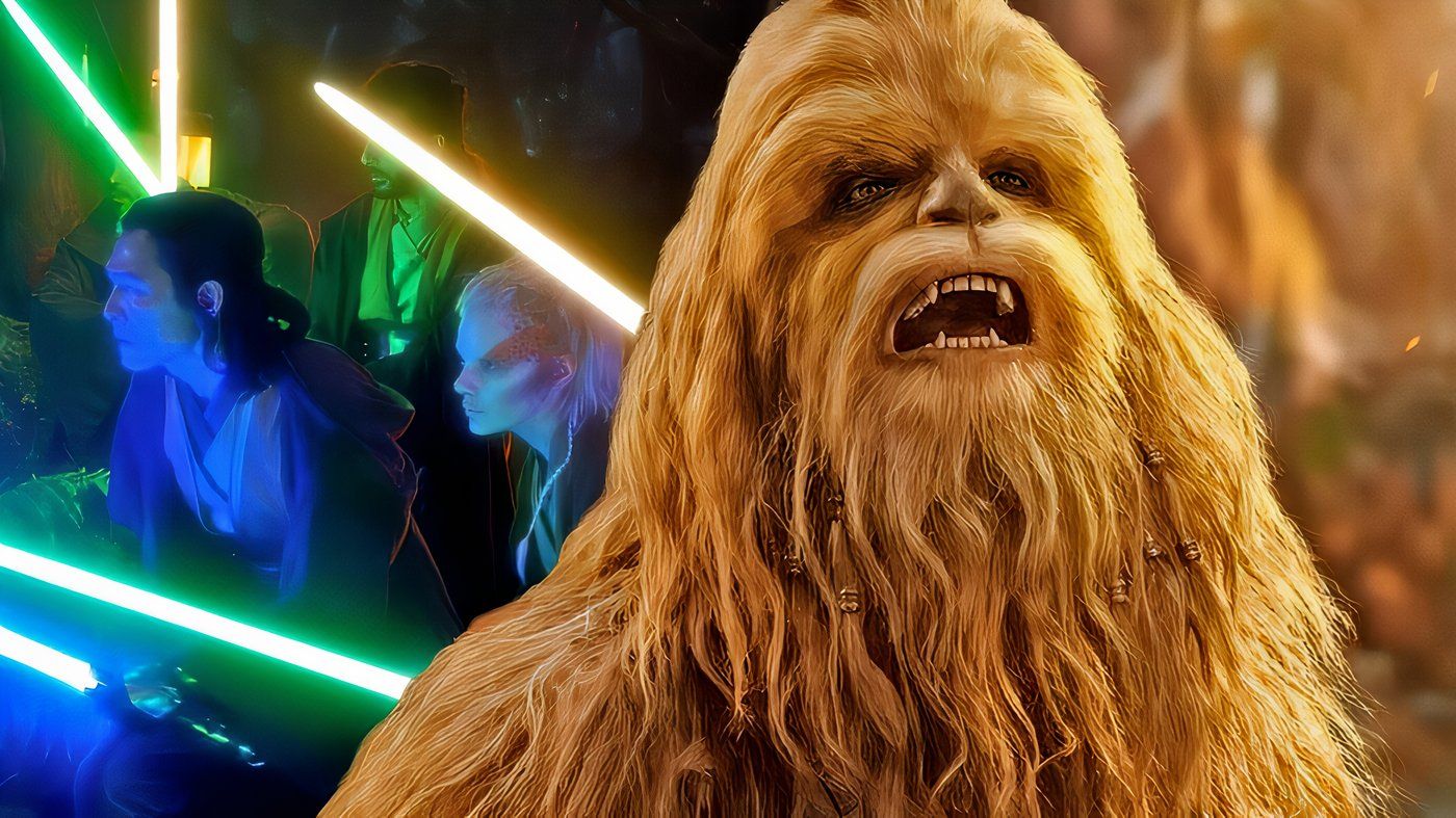 Star Wars' Wookie Jedi Kelnacca with other Jedi behind him.