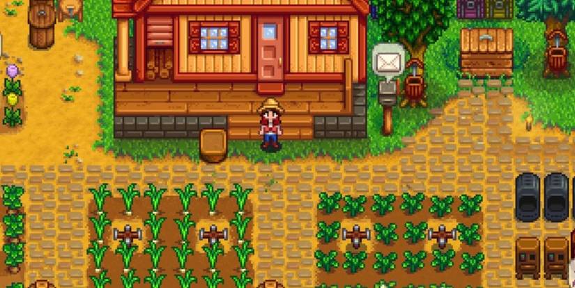 A Stardew Valley farmer standing outside their house with mail waiting to be opened.