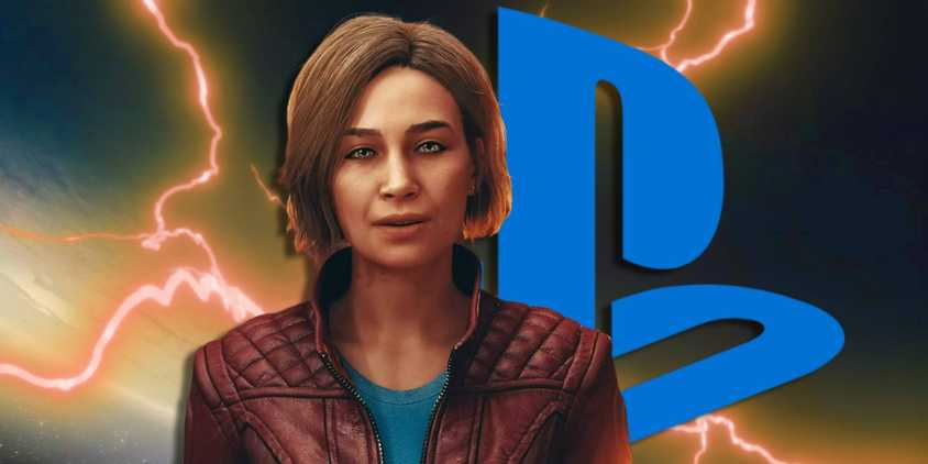 Sarah Morgan from Starfield with the PlayStation logo behind her.
