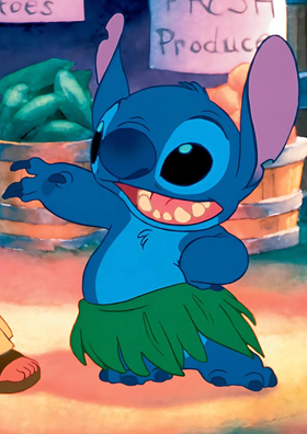 Stitch in Lilo & Stitch (2002) wearing leaves and dancing