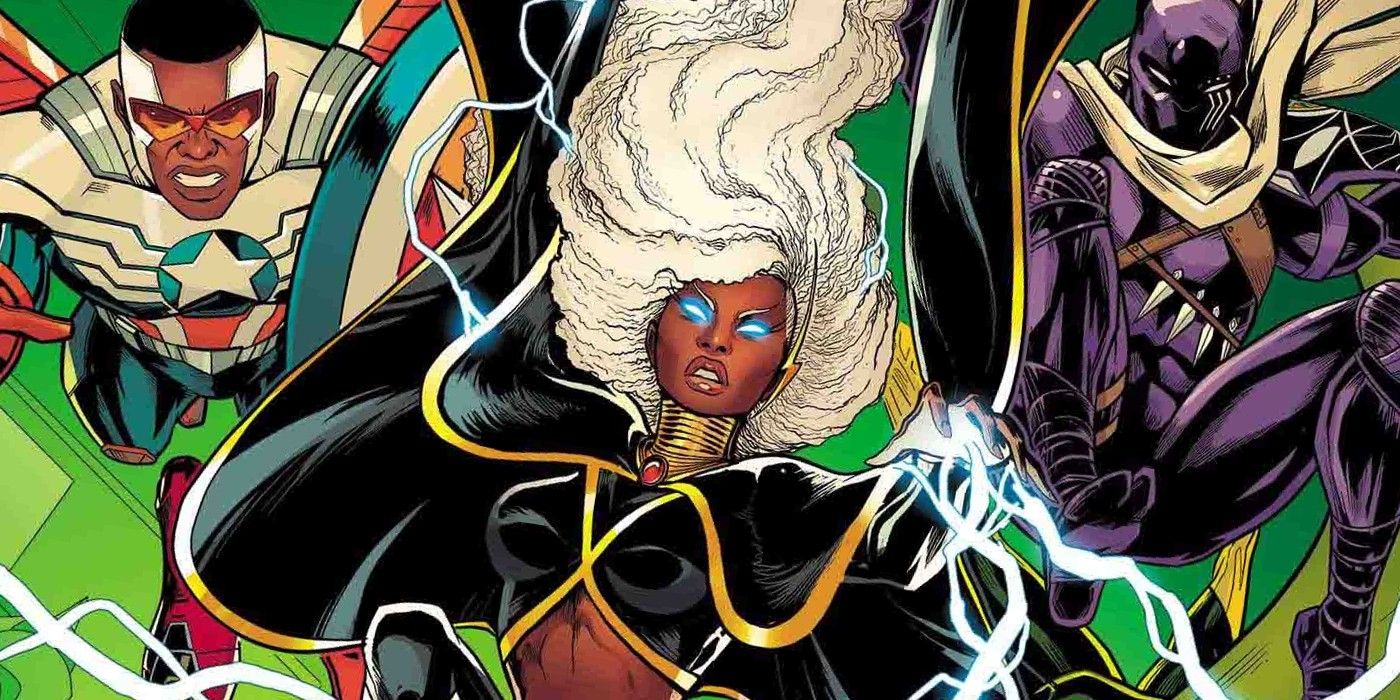 Comic book art: Storm leading the avengers with Captain America and Black Panther.