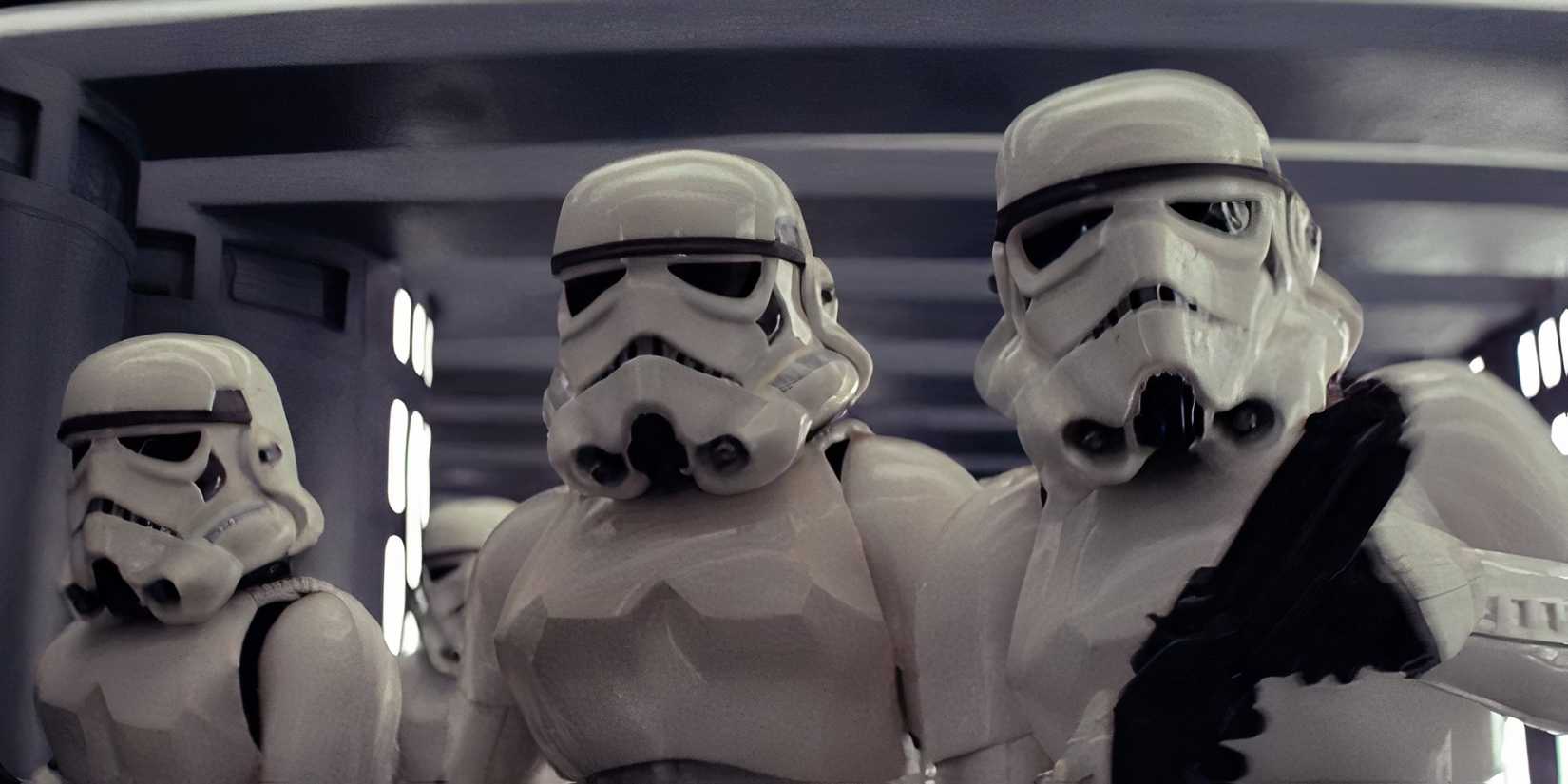 A group of Stormtroopers chasing Han Solo through the Death Star in Star Wars: Episode IV - A New Hope.