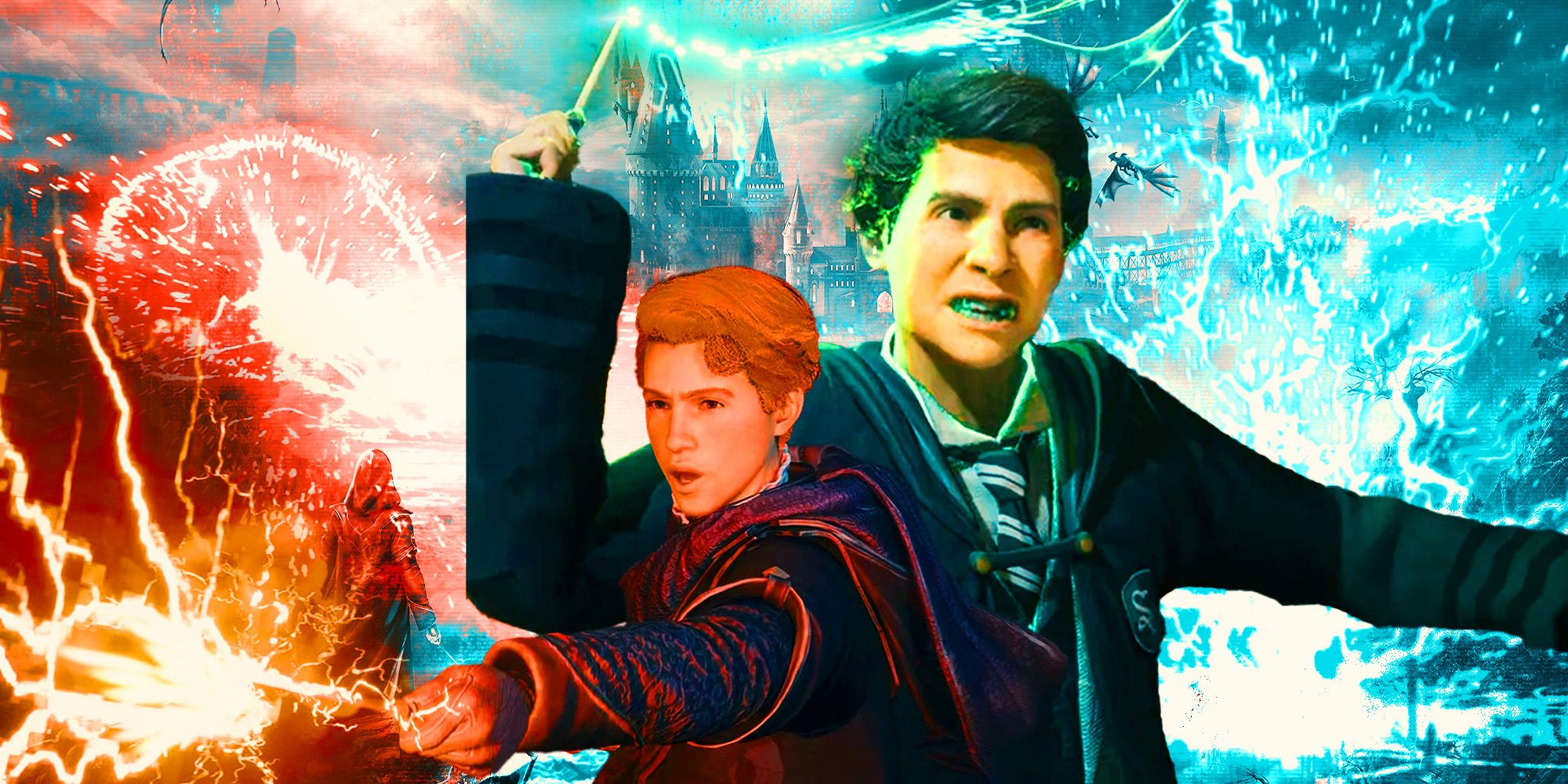 Students in Hogwarts Legacy casting spells, with Hogwarts castle behind them