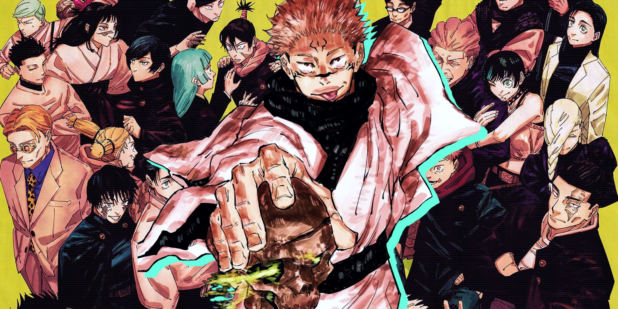 sukuna from jujutsu kaisen sticking his tongue out holding a skull with characters from jujutsu kaisen in the background