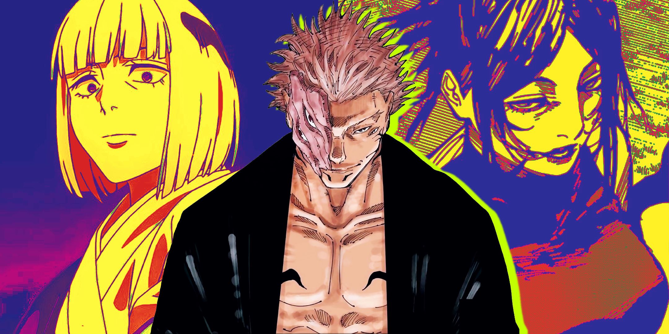 sukuna em sua verdadeira forma em jujutsu kaisen sorrindo levemente no centro com uraume no fundo à esquerda e yorozu como visto no corpo de tsumiki no fundo à direita