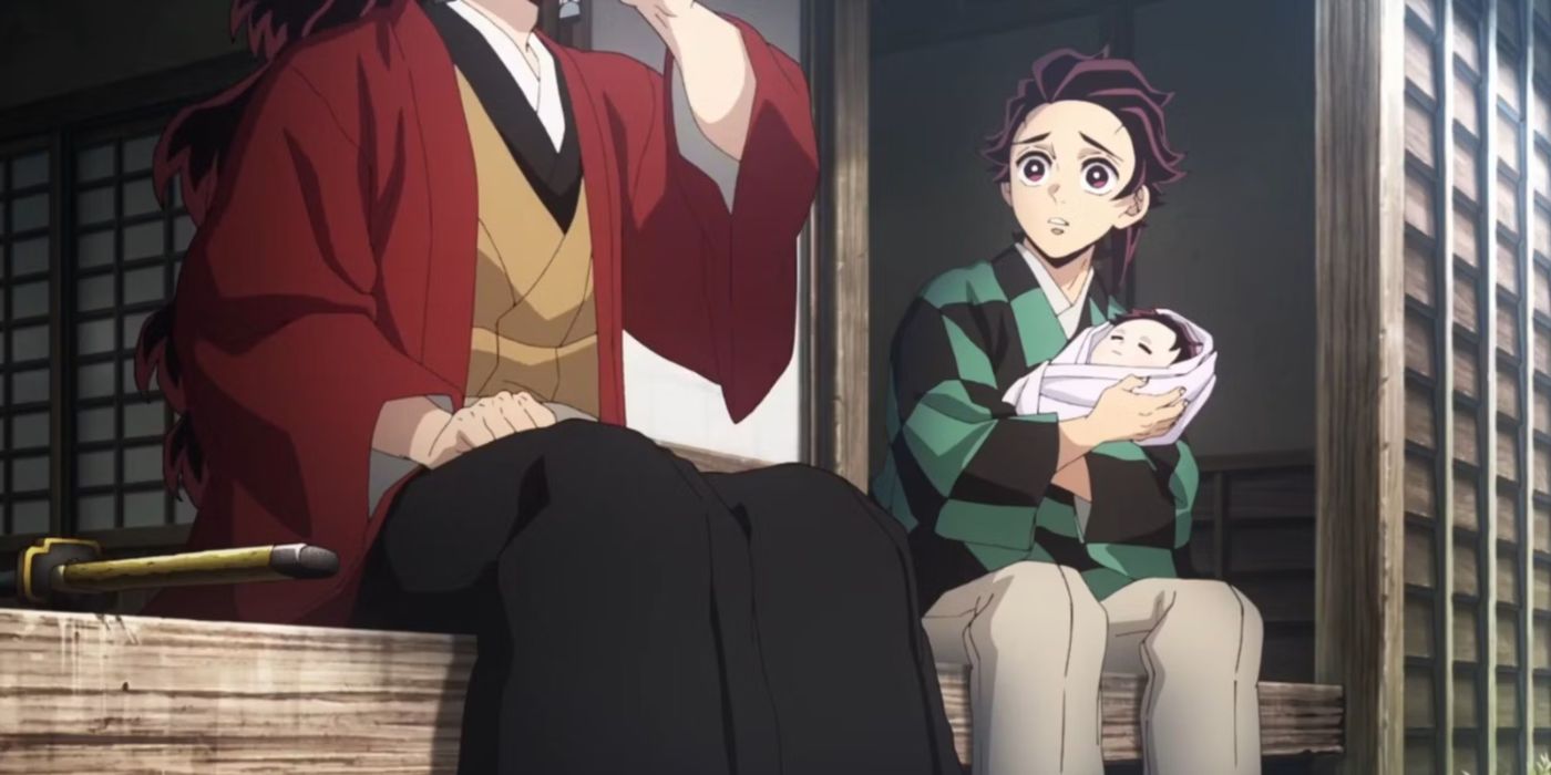 Sumiyoshi Kamado holding a baby and talking to Hashira