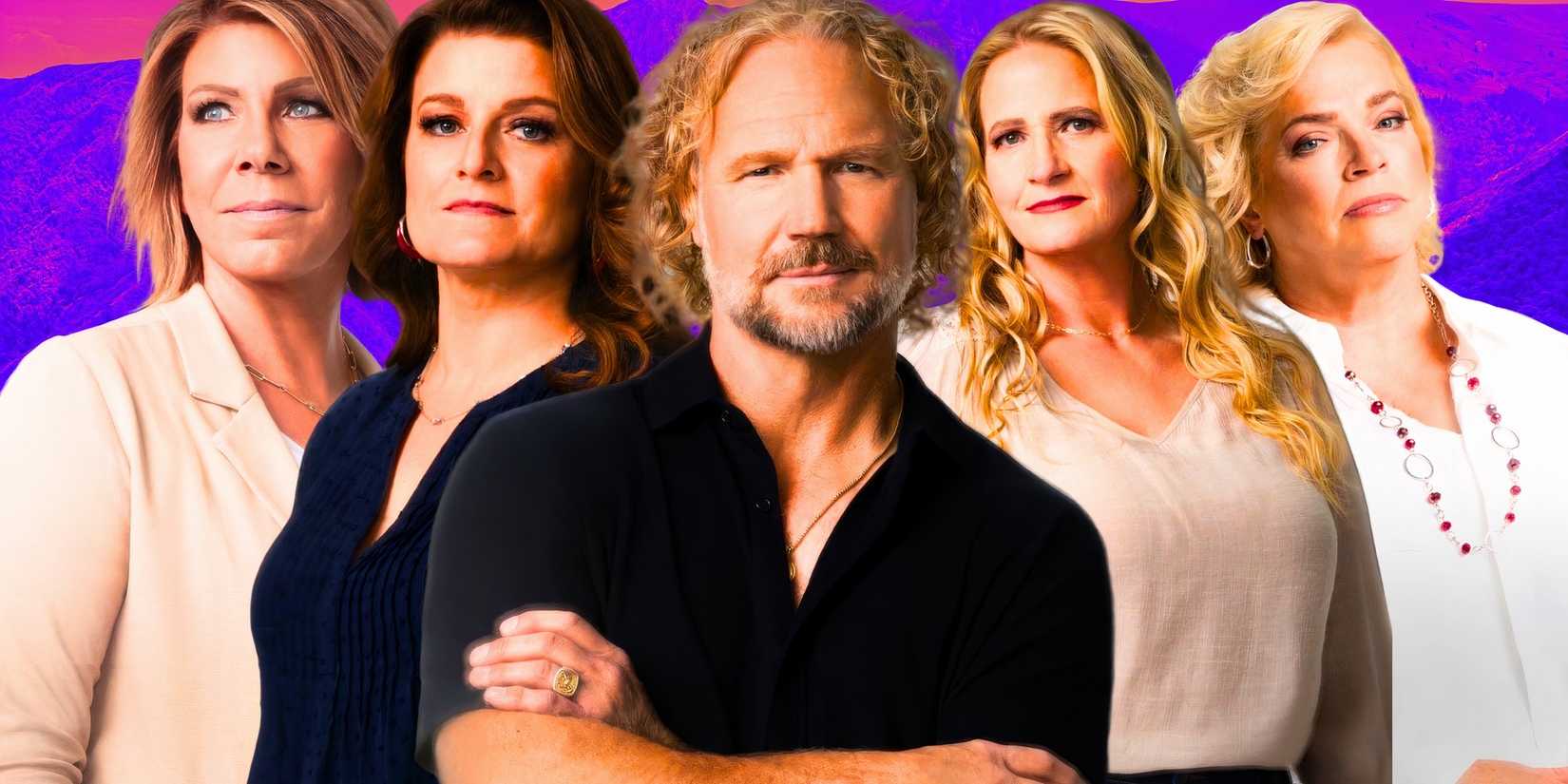 image of Sister Wives Season 19 cast Kody, Meri, Janelle, Christine and Robyn Brown line up side by side facing camera
