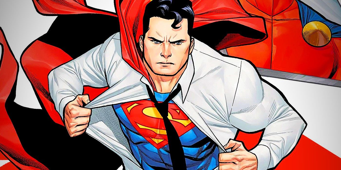 Comic book art: Superman striding forward, pulling off his dress shirt to reveal his costume.