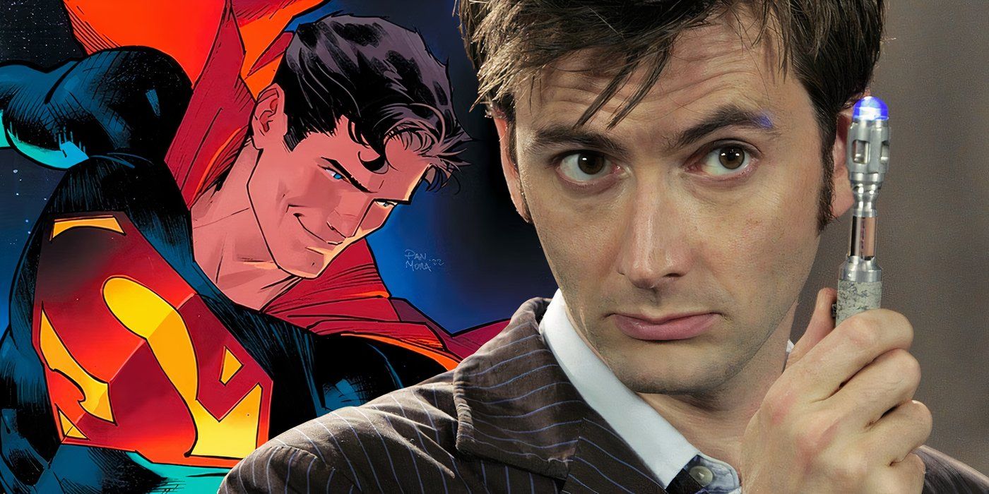 Superman flying in the background with the Tenth Doctor in the foreground holding his sonic screwdriver