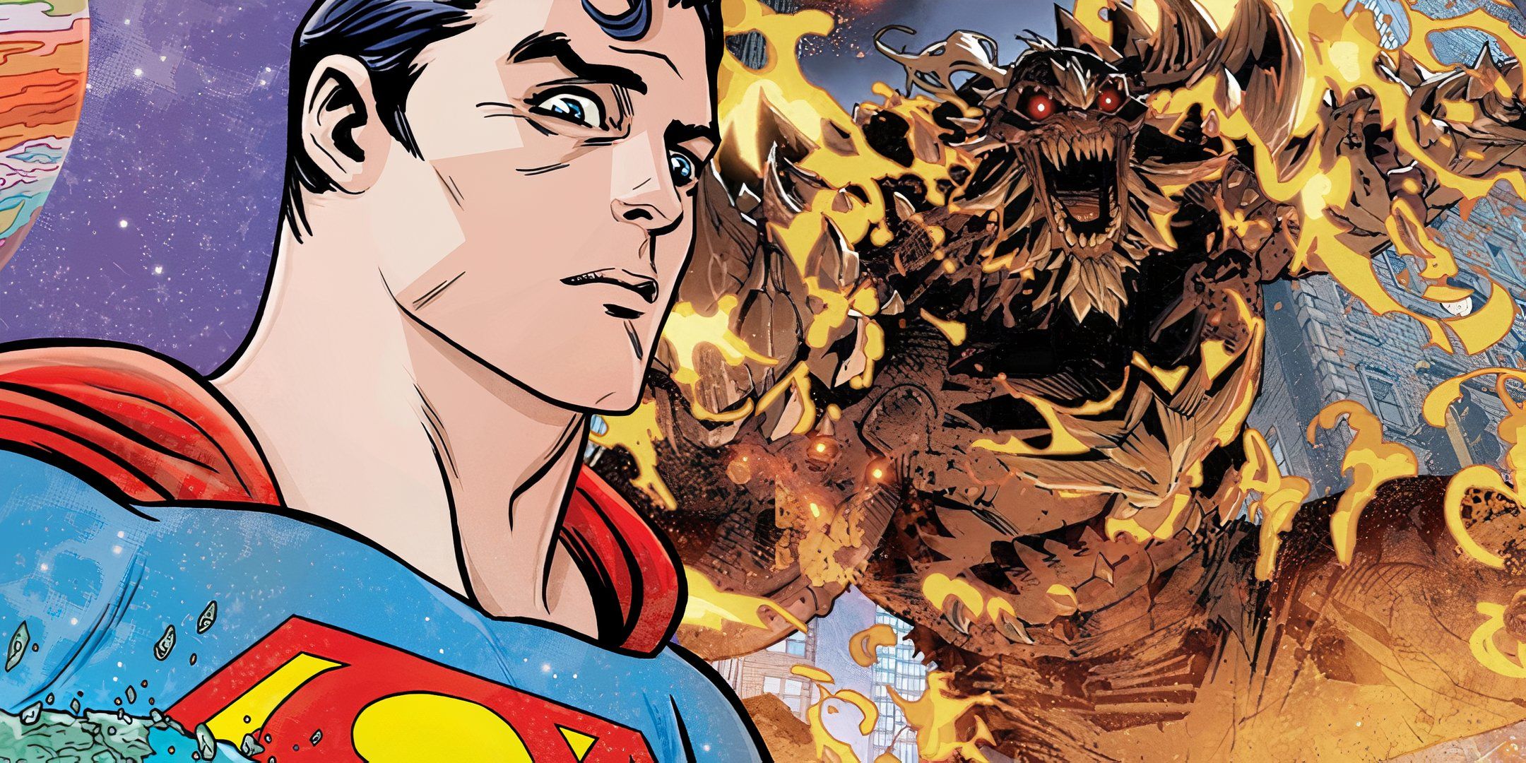 Los cómics nerds se parecen a Superman (izquierda, primer plano) con Mad Doomsday de DCU (derecha, fondo).