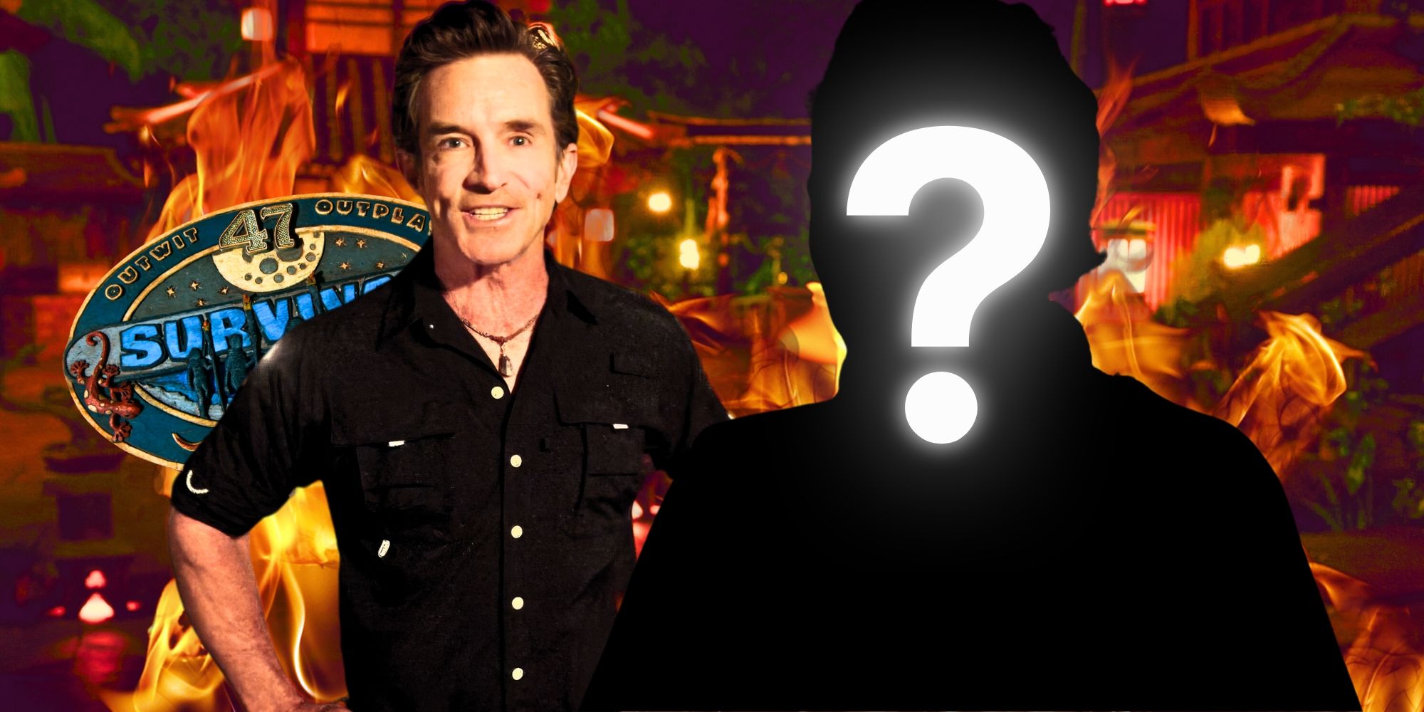 Survivor host Jeff Probst talks next to a mystery figure, surrounded by fire.