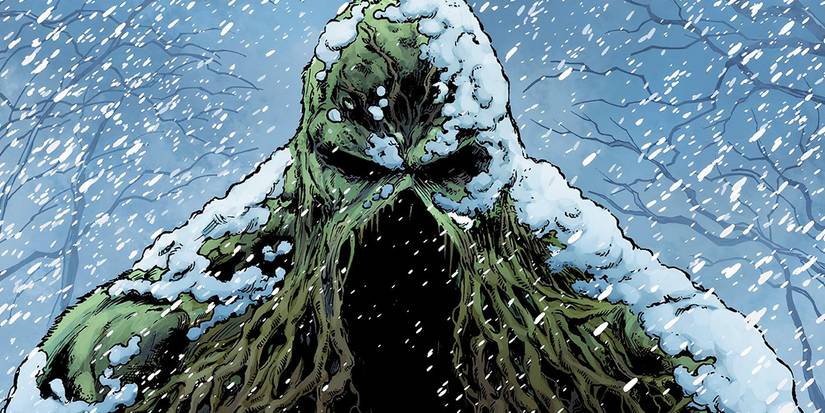Comic book art: Swamp Thing stands in the snow.
