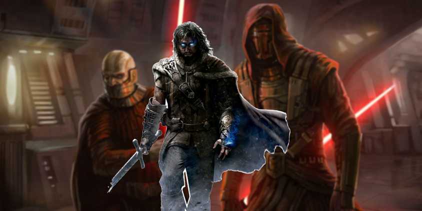Talion in front of art of Revan and Malik from Star Wars Knights of the Old Republic