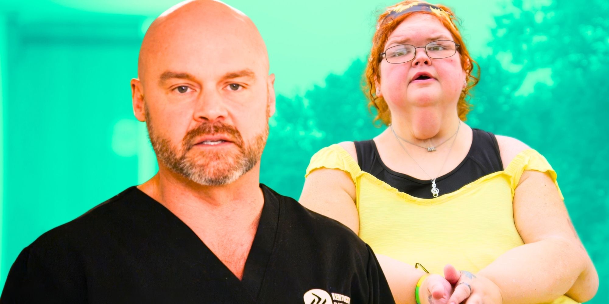 Dr. Eric Smith and 1000-Lb Sisters' Tammy Slaton look serious in front of green background.