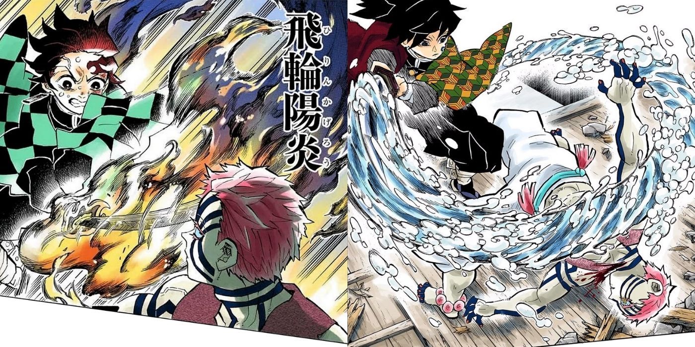 Tanjiro and Giyuu fighting against upper moon 3 Akaza.