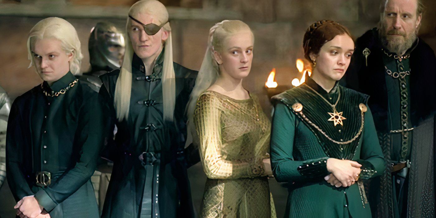 The Greens of House of the Dragon, Aegon, Aemond, Helaena, Alicent, and Otto.