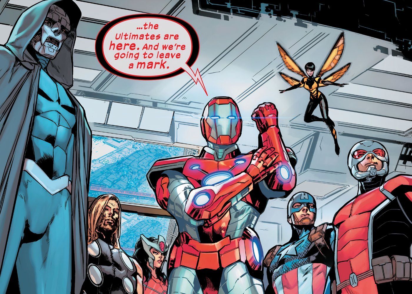 Iron Lad liderando os Ultimates contra as forças do Criador.