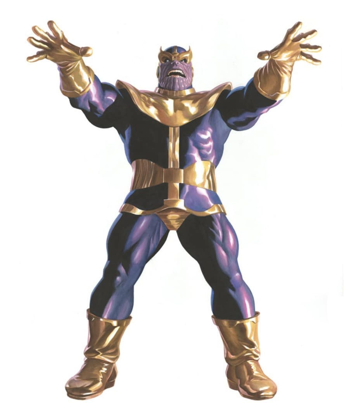 Retrato de Alex Ross Thanos, o Titã Louco com os membros estendidos.