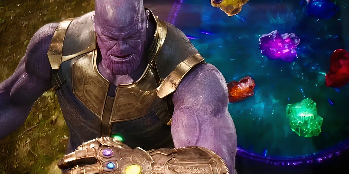 Thanos do MCU olhando para a Manopla do Infinito em sua mão com as Pedras do Infinito flutuando atrás dele.