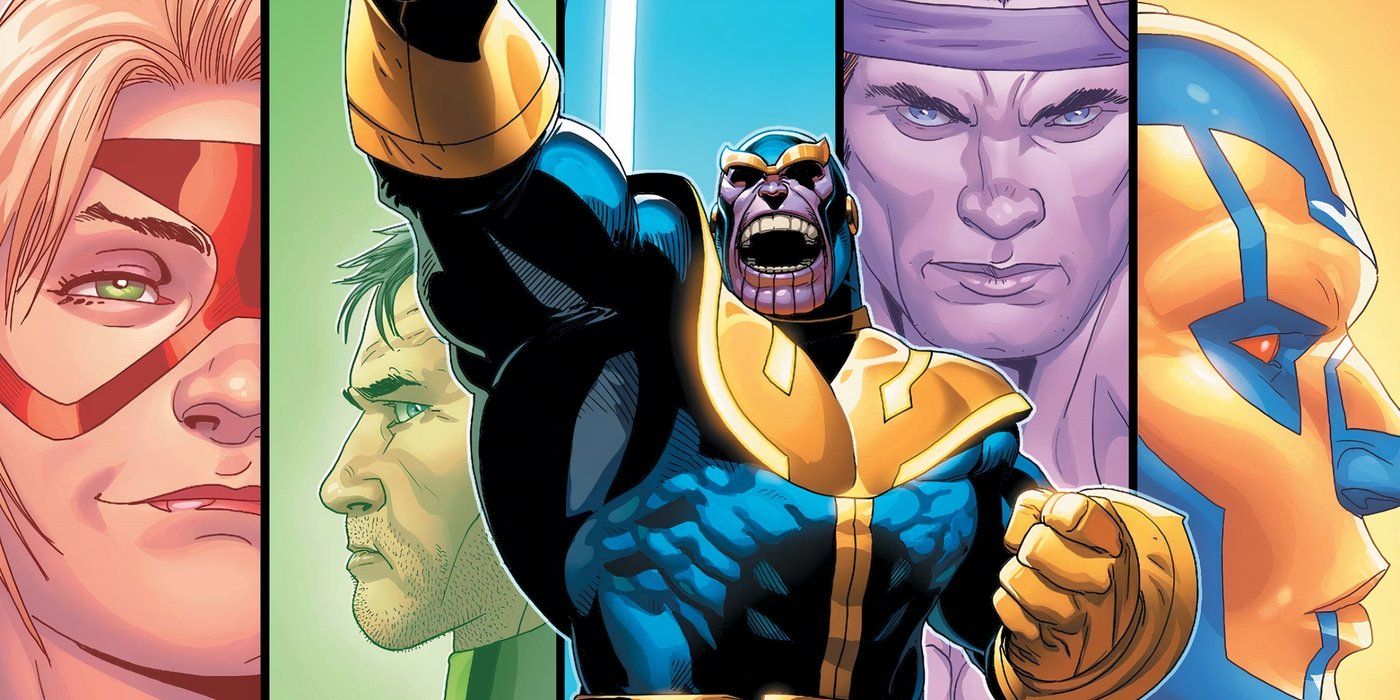 Thanos yells with the Infinity Watch behind him.