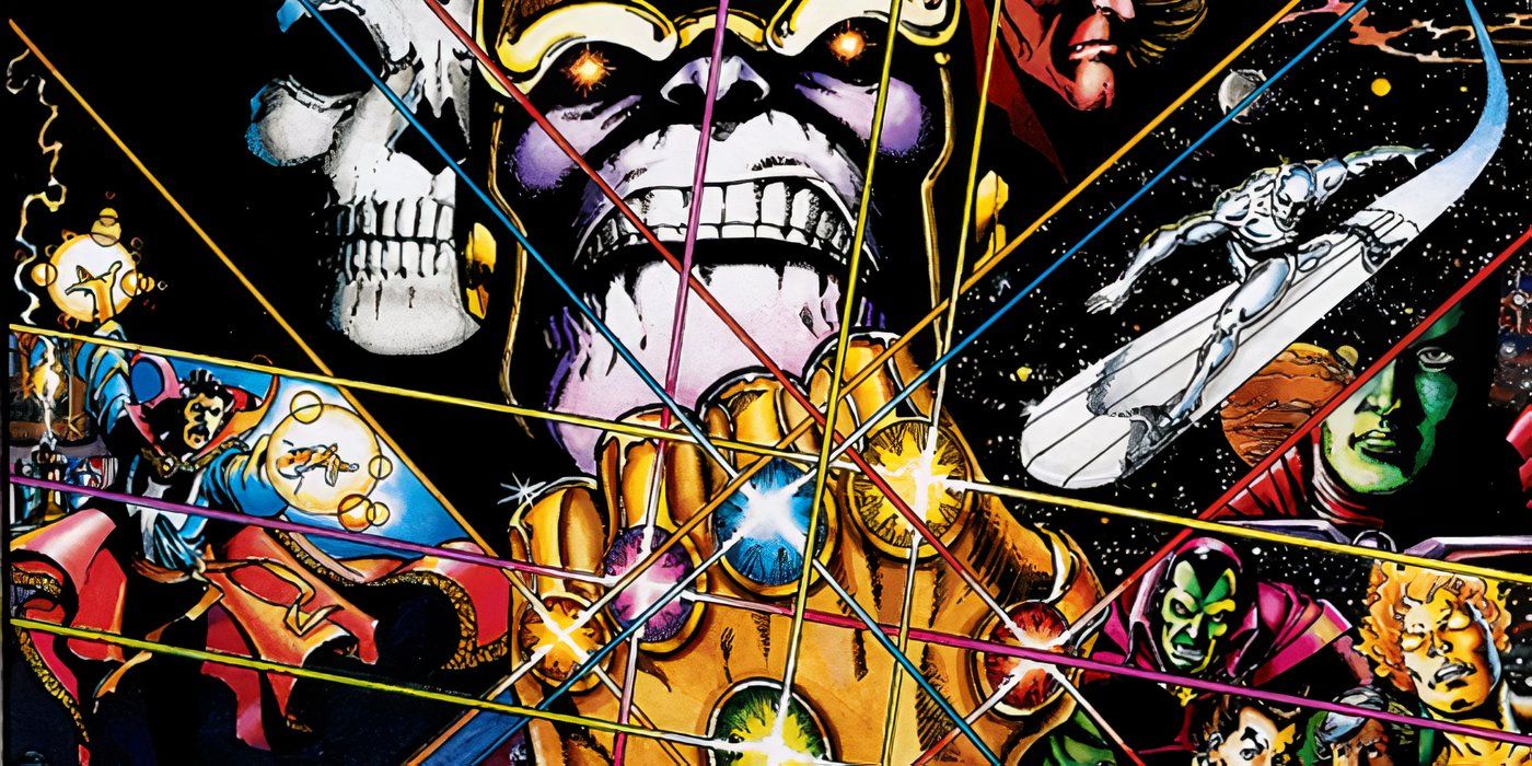 Comic book art: Thanos wielding all six Infinity Stones in Marvel Comics' Infinity Gauntlet. 