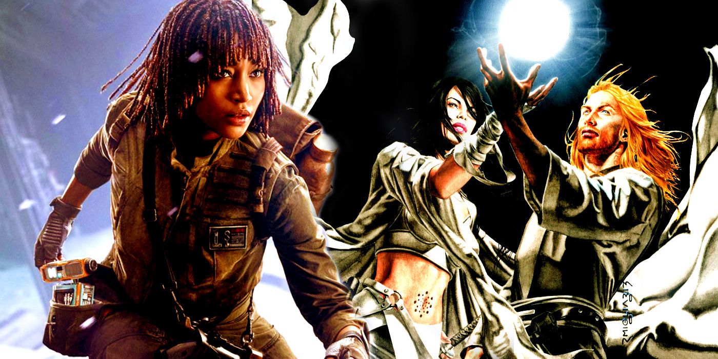 Osha (Amandla Stenberg) from The Acolyte and the cover image for Star Wars' Dawn of the Jedi comic, featuring two Jedi with a floating orb